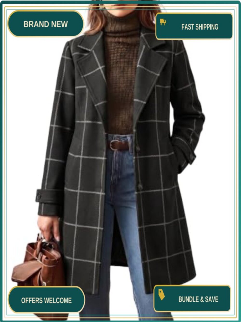 Wool Blend Plaid Mid Length Single Breasted Trench Coat
